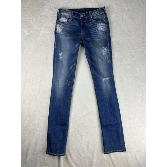 Women's True Religion Cora Mid-rise Straight Jeans Size 27 Distressed Blue - Picture 1 of 14